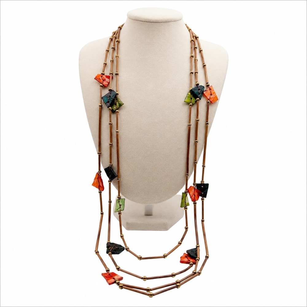 Tribal Boho 3 Strand Glass Wood Eco Necklace 34" Botanical Harvest Philippines